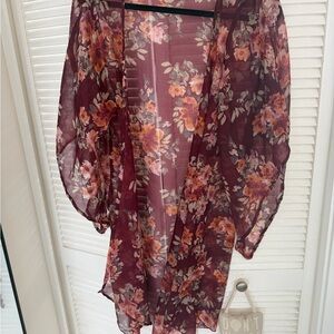 Sheer Floral Kimono Cardigan in Burgundy and Peach